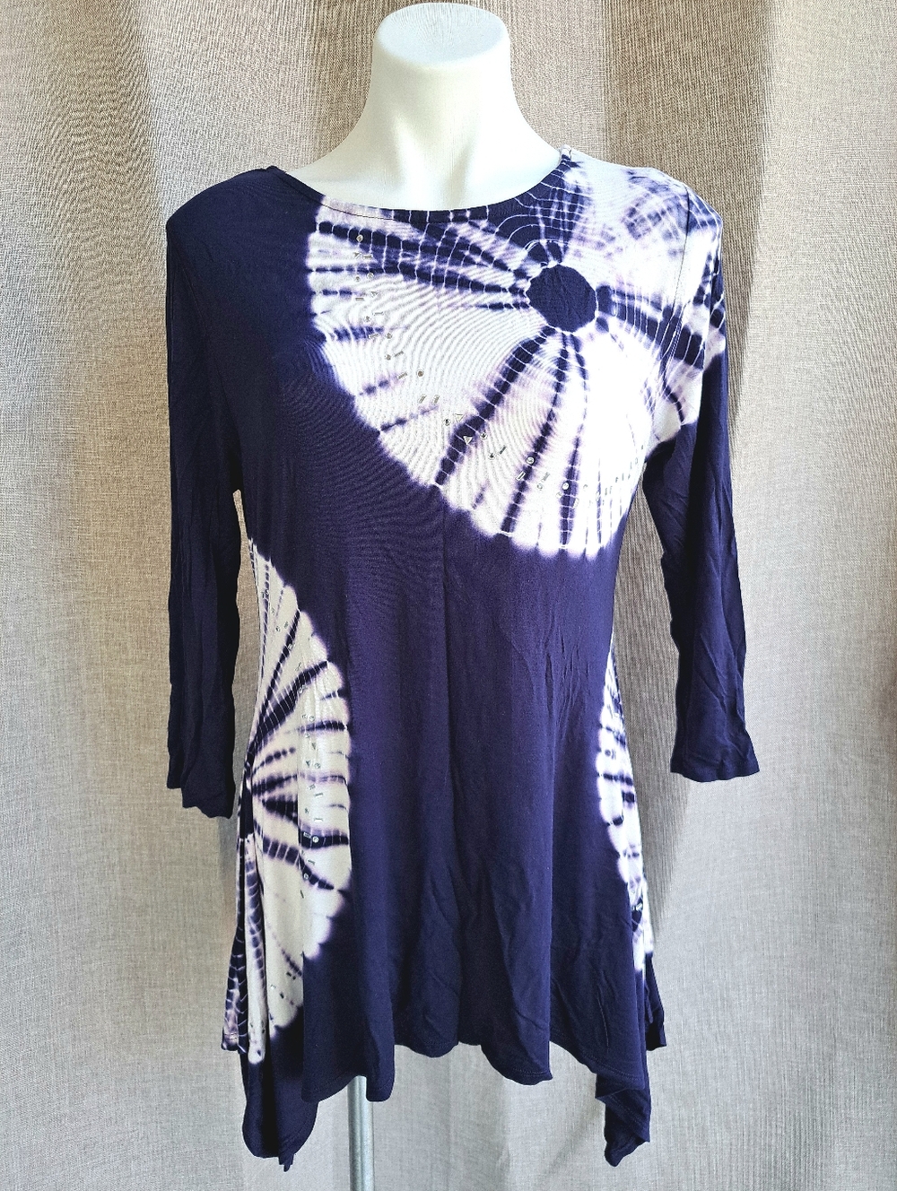 New Navy & White Tie-Dye Sunburst Tunic 3/4 Sleeve Rhinestone Embelishment L